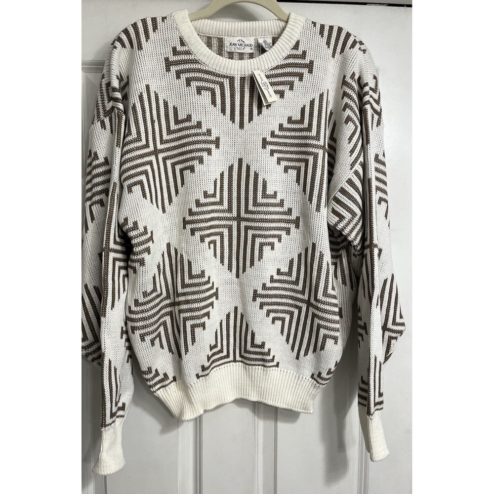 80s 90s Jean Michaud Sweater All Over Print White Brown XL NWT Knit